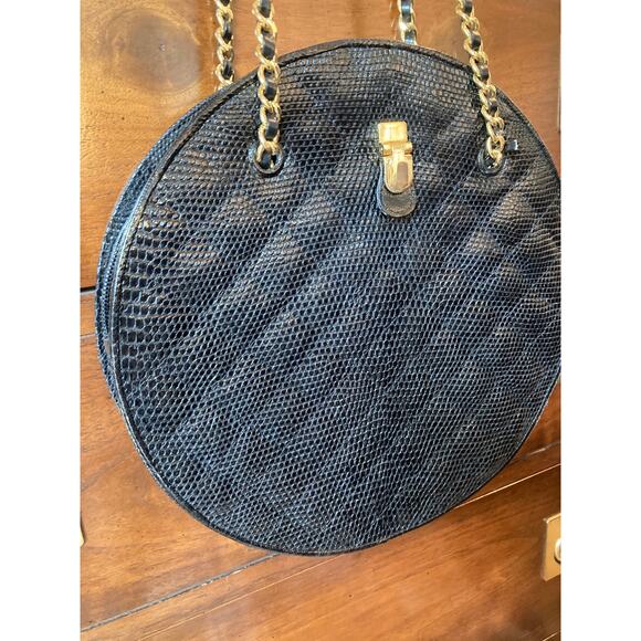 Lou-Rexx Vintage Quilted Snakeskin Round Chain Strap Handbag Black Loehmann's - Picture 4 of 14
